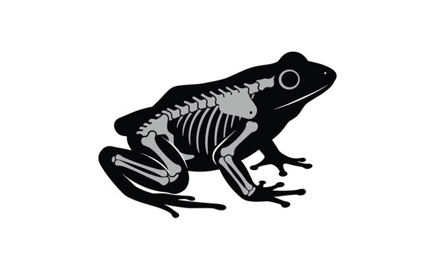 Detailed anatomical illustration of a black frog silhouette showing its internal bone skeleton structure in gray.
