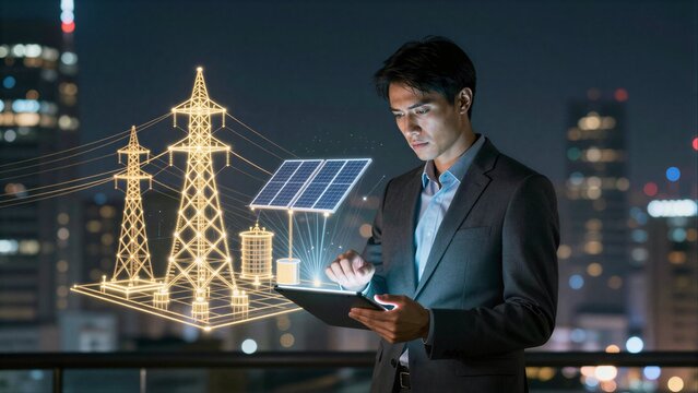 Man analyzes renewable energy systems on tablet against city skyline at night.
