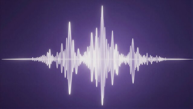 Purple background with glowing white sound wave pattern.