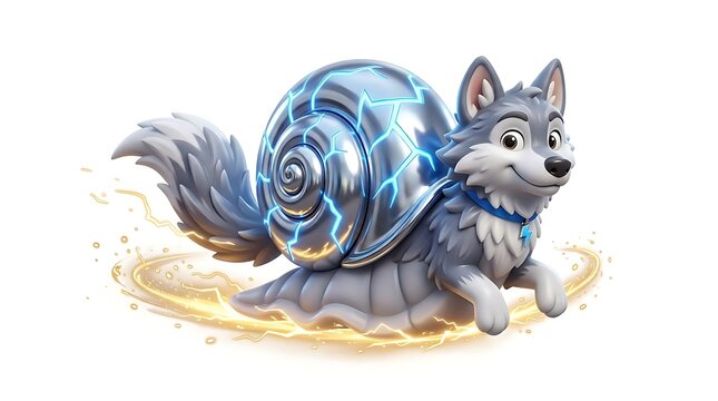 Fantasy husky snail hybrid creature with glowing lightning shell