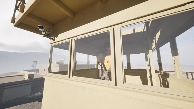 Military soldier on guard duty inside watchtower in Middle East desert outpost, defense and security concept, 3D animation
