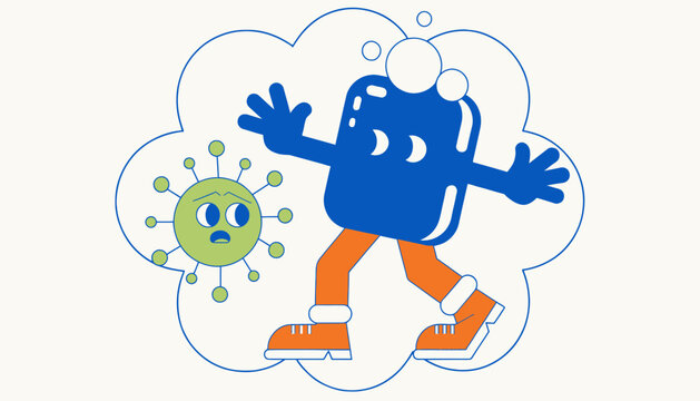 cartoon character running away from virus