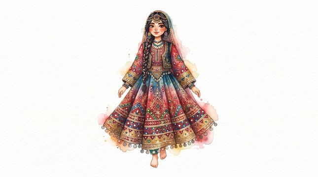 Afghan woman in traditional embroidered dress and veil, ideal for cultural posters, book illustrations, and diversity graphics.