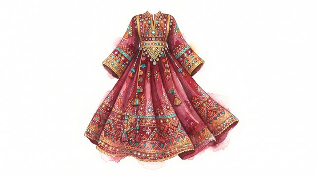 Afghan dress with colorful details, ideal for fashion design mockups, cultural posters, and diversity graphics.