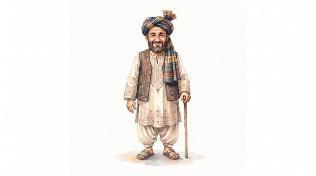 Smiling Afghan senior man in traditional clothing with turban and cane, ideal for cultural posters, book illustrations, and diversity graphics.