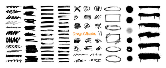 Very nice collection, grunge brush strokes and paint brush set with ink splatter, spray paint drips, grunge marker scribbles, textured lines, dirty ink blobs. Vector strokes and spray textures set