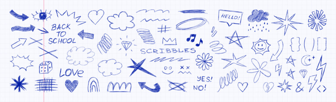 Ballpoint pen doodles on notebook paper, hand drawn sketch and scribbles elements - arrows, hearts, stars, crowns, speech bubbles in messy back to school sketch style. Vector ballpoint pen doodle set