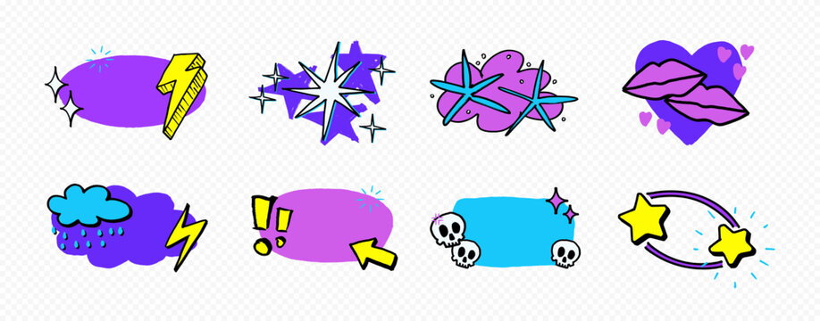 Bright doodle text box stickers with sparkles, lightning bolts, skulls, lips, hearts, clouds and stars in purple and blue neon palette. Funky doodle style text callout templates. Vector stickers set