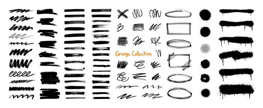 Very nice collection, grunge brush strokes and paint brush set with ink splatter, spray paint drips, grunge marker scribbles, textured lines, dirty ink blobs. Vector strokes and spray textures set
