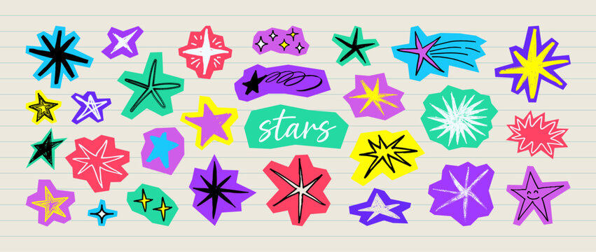 Hand drawn scrapbook star stickers, doodle sparkles, shooting stars and twinkle shapes in bright retro palette. Funky galaxy collage in childish journal doodle style for planners. Vector graphic set