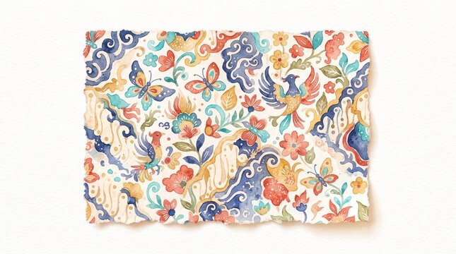 Colorful Batik watercolor pattern background with birds and butterflies, ideal for fabric prints, banners, and stationery.