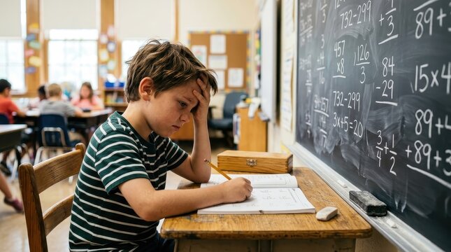 Frustrated Young Boy Struggling with Math Problems in a Classroom, Stressed Student at Desk with Chalkboard Background