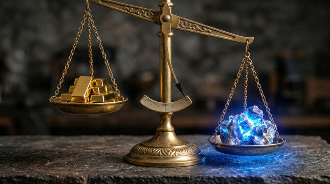 Critical minerals sourcing gold balance scale, justice concept, mining industry, blue crystal, resource value