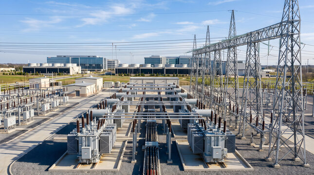 Electrical substation with large metal transformers, high-voltage transmission towers, and power lines against a clear blue sky in an industrial area