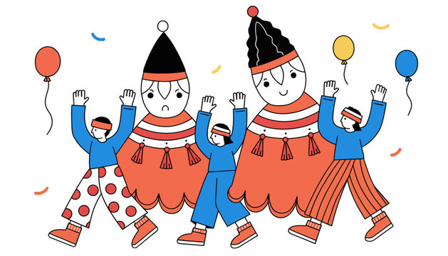 cartoon illustration of happy children and clowns dancing with balloons