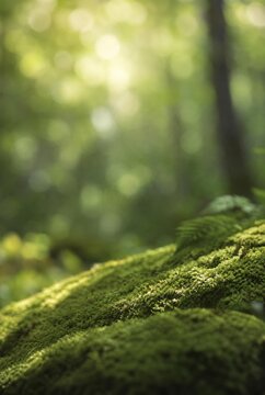 Sunlight hitting mossy rock in a lush green forest.