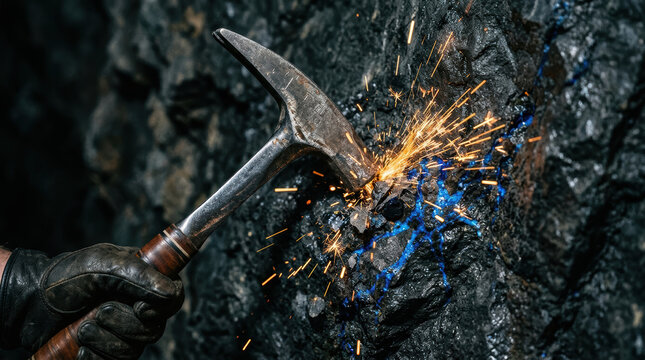Mining tool striking rock with sparks and mineral vein for critical minerals sourcing
