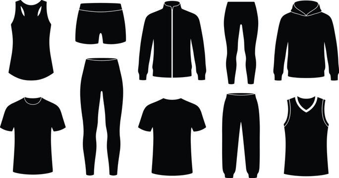 Activewear clothing graphics set with black sportswear silhouettes fitness apparel mockups isolated on a white background
