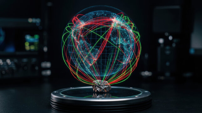 Critical minerals sourcing globe in dark room with data network and energy lines