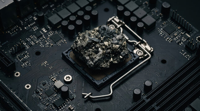 Critical mineral sourcing on circuit board with raw ore on processor for technology and supply chain concept