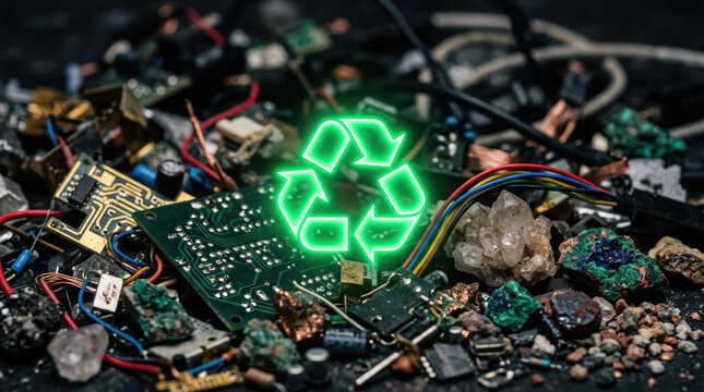 Electronic waste recycling with critical minerals sourcing and crystal heap on circuit board