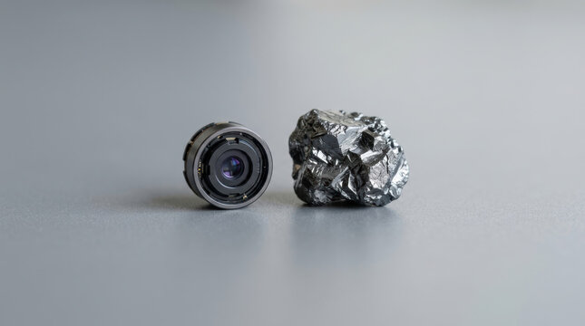 Camera lens and mineral sourcing on gray surface for critical minerals study