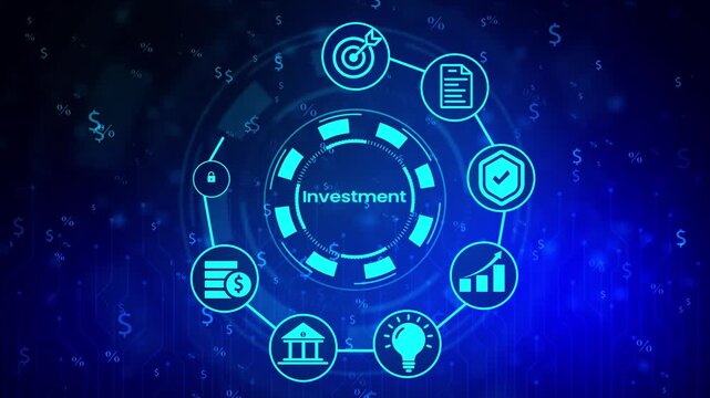 Digital abstract background with glowing blue HUD including a target with arrow and document connected to a circular interface displaying financial symbols and circuit board patterns