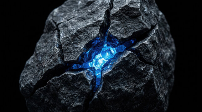 Critical minerals sourcing blue mineral rock dark stone fracture glowing crystal cave mine geology ore
