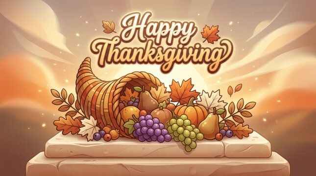 Happy thanksgiving greeting card with a cornucopia filled with autumn fruits and vegetables on a stone surface against a warm sunset background