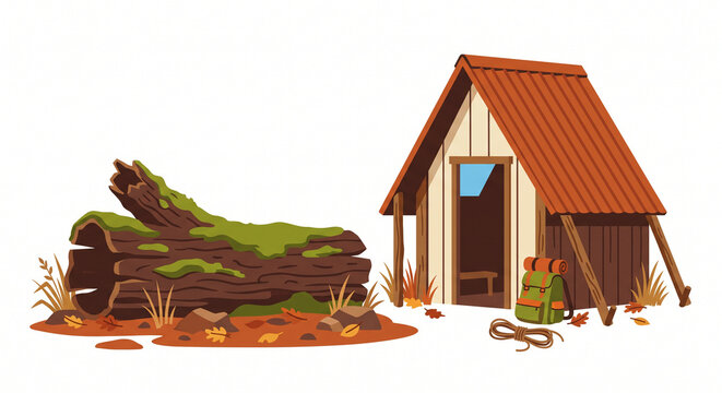 Small wooden cabin with orange corrugated roof and large mossy hollow tree log in forest wilderness horizontal vector illustration
