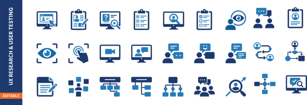 UX Research and User Testing Vector Icon Set Featuring Usability Feedback Eye Tracking Interview Flowcharts and Survey Elements