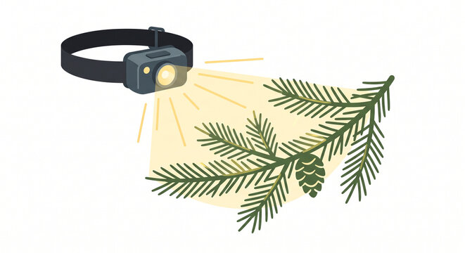 Headlamp flashlight illuminating a green pine branch with a pinecone on a white background for hiking exploration gear vector illustration horizontal