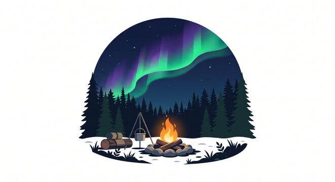 Cozy winter camping campfire burning with glowing orange flames under vibrant green and purple aurora borealis northern lights in night sky horizontal