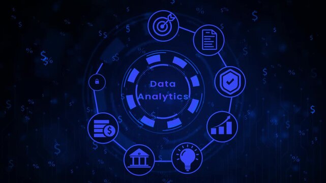 Digital abstract background with glowing blue HUD showing the word DATA, a target with arrow and document connected to a circular interface displaying financial symbols and circuit board patterns