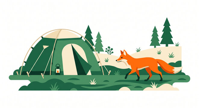 Green camping tent with open door lantern and wild fox walking on grassy hill with pine trees in forest flat vector illustration