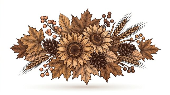 Autumn harvest floral arrangement with sunflowers, maple leaves, pine cones, and berries isolated on white background