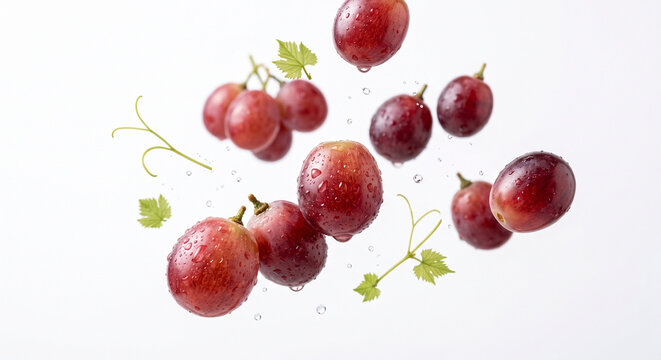 scattering of fresh, whole red grapes, floating and dynamically suspended in mid-air on a seamless