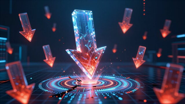 Digital arrows descend on a glowing tech platform, symbolizing data flow and innovation.