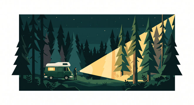 Camper van parked in a dark forest at night with a bright flashlight beam cutting through the trees and lighting up the woods horizontal travel vector