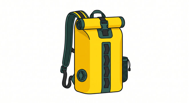 Yellow waterproof dry bag backpack isolated on white background with roll top closure and straps for outdoor travel adventure
