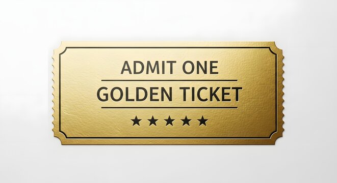 Shiny golden admit one ticket with five stars on white background