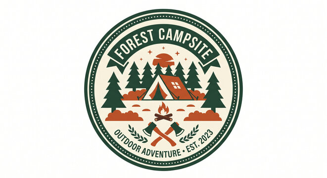 Forest campsite round badge vector logo design with green trees tent campfire and crossed axes isolated on a white background