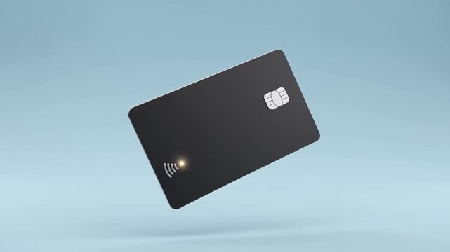 A black credit card with an EMV chip and glowing contactless symbol rotates. This animation shows secure digital payments.