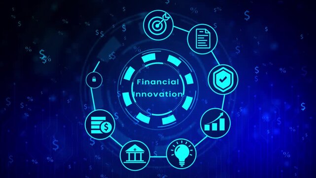Digital abstract background with glowing blue HUD showing the word FINANCE, a target with arrow and document connected to a circular interface displaying financial symbols and circuit board