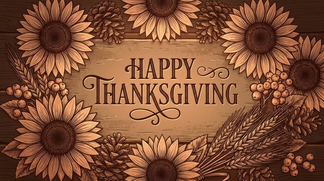 Happy thanksgiving greeting card with sunflowers, pine cones, wheat and berries on a rustic wooden background