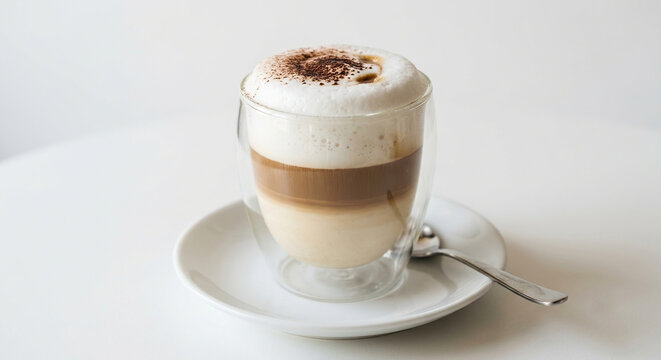 Layered coffee drink topped with froth and cocoa powder