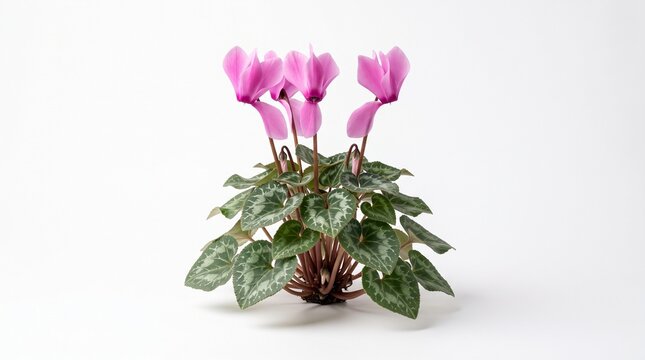 Vibrant pink cyclamen houseplant blooming on white background.