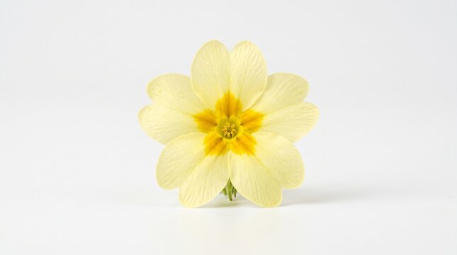 Single pale yellow primrose flower isolated on white background.