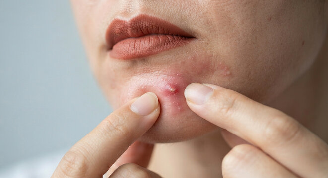 person squeezes inflamed pimple on chin skin