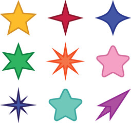 Fototapeta premium Colorful Star Shape Vector Icon Set Featuring Classic Five Point Stars Sparkles Twinkle Elements Four Point Spark and Dart Cursor Graphic Symbols